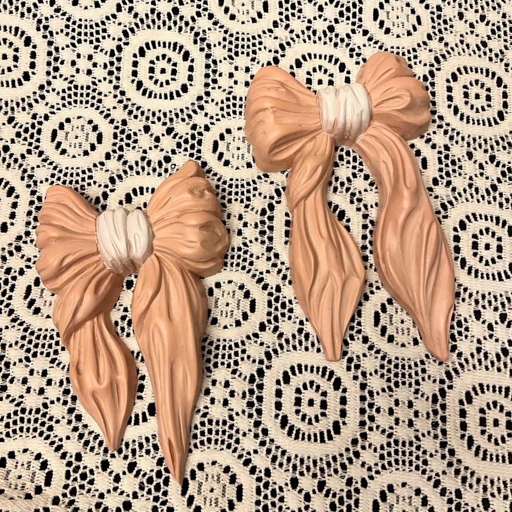 Vintage Homco Pink Resin Ribbon Bow Wall Plaques | Set of 2